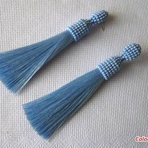 Beaded Light Blue Silk Tassel Earrings Studs/clips, Light Blue Long Earrings, Silk Blue Tassel, Blue Silk Tassel, Tassel Blue