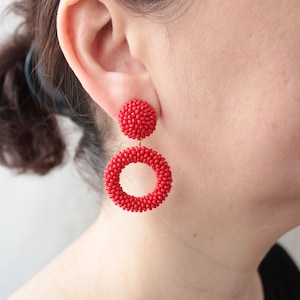 Red Big Hoop Earrings on Studs, Clips, Small Red Hoop Earrings, Beaded Mini Red Hoops, Seed Bead Hoop Red Earrings, Circle Earrings
