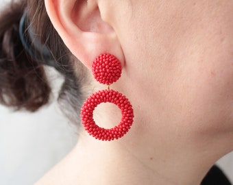 Red Big Hoop Earrings on Studs, Clips, Small Red Hoop Earrings, Beaded Mini Red Hoops, Seed Bead Hoop Red Earrings, Circle Earrings