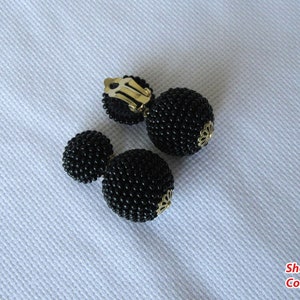 Black Bon Bon Earrings Clips, Studs, Beaded Balls Black Earrings, Seed Bead Balls Earrings, Balls Drop Earrings, Beaded Earrings image 8