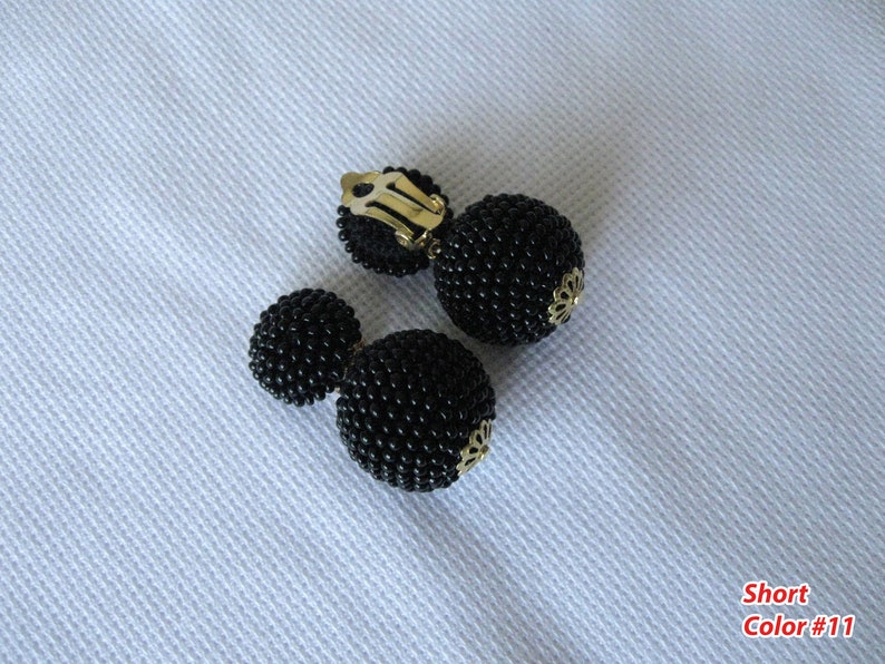 Black Bon Bon Earrings Clips, Studs, Beaded Balls Black Earrings, Seed Bead Balls Earrings, Balls Drop Earrings, Beaded Earrings image 8