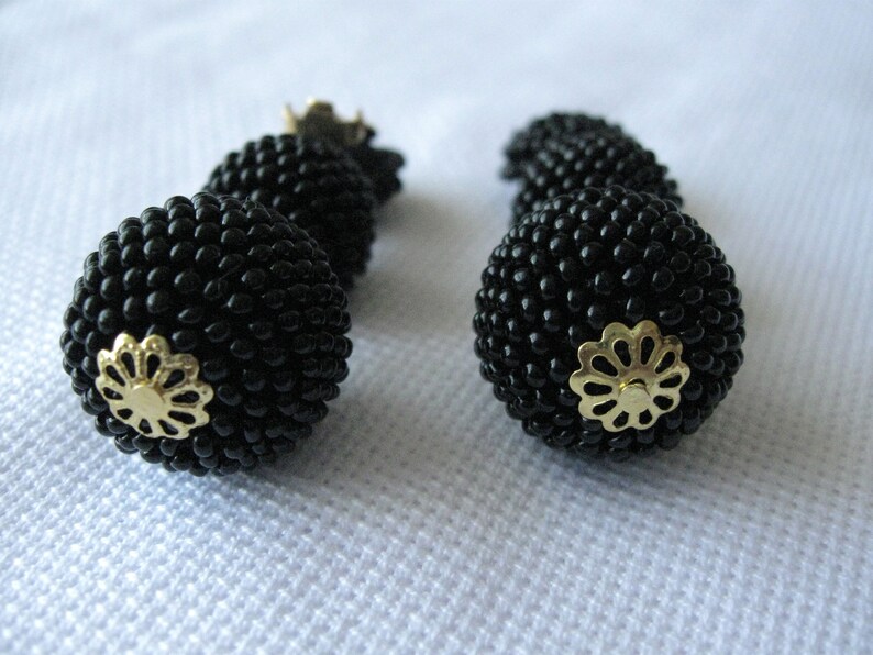 Black Bon Bon Earrings Clips, Studs, Beaded Balls Black Earrings, Seed Bead Balls Earrings, Balls Drop Earrings, Beaded Earrings image 9