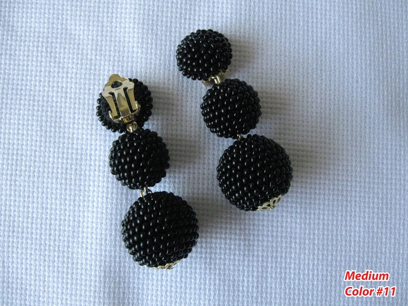 Black Bon Bon Earrings Clips, Studs, Beaded Balls Black Earrings, Seed Bead Balls Earrings, Balls Drop Earrings, Beaded Earrings image 7