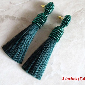 Silk Emerald Tassel Earrings on Studs/Clips, Beaded Emerald Silk Tassel Earrings, Green Silk Tassel, Emerald Silk Tassel, Tassel Emerald