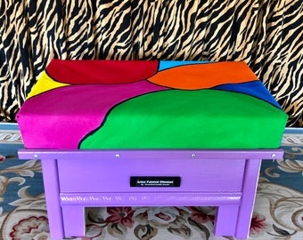 May include: A purple painted ottoman with a colorful fabric top. The fabric is painted with large, abstract shapes in pink, red, orange, blue, and green. The ottoman has a label that reads "Artist Painted Ottoman".