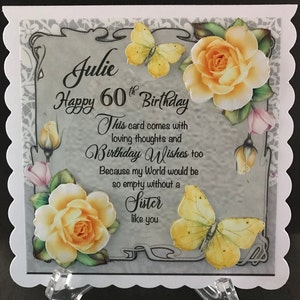 Sister Handmade 3D Birthday Card 30 40 50 60 70 80 90 100 Any Age