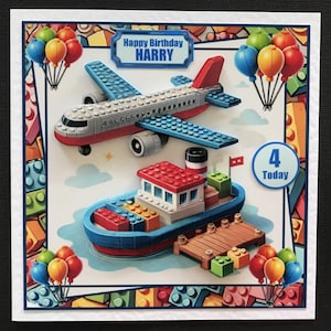 Lego Plane Boat Handmade 3D Birthday Card ANY AGE