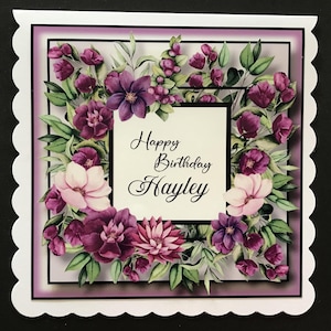 Purple Flowers Handmade Birthday Card Mum Daughter Friend 3D card