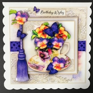 Handmade Birthday Card Mum Sister Friend Friendship 3D card Pansy Teacup