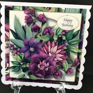 Female Ladies Handmade Birthday Card 3D Purple Flowers