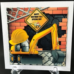 Digger Boys Kids Construction Handmade 3D Birthday card