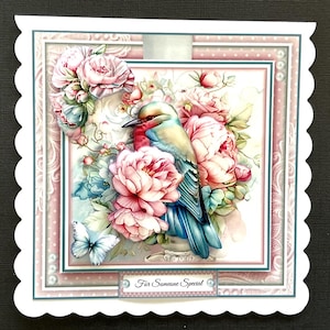 Handmade Birthday Card 3D Pink Roses Bird