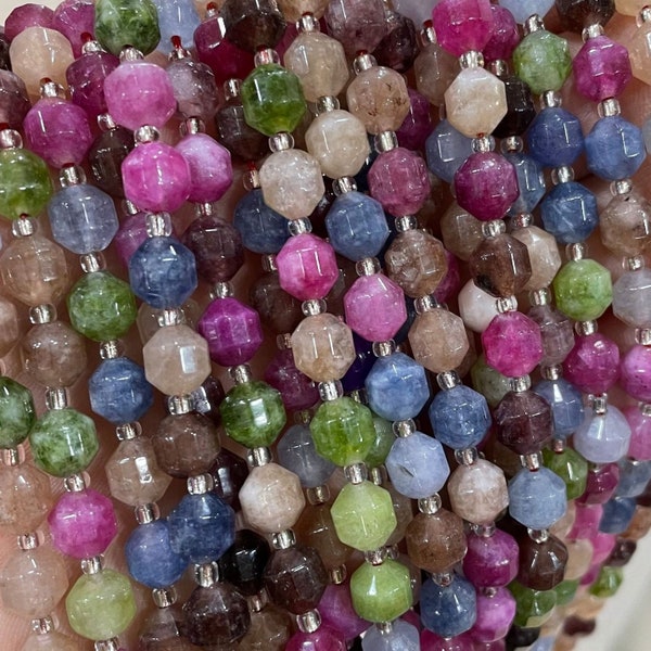 Tourmaline Multicolor Stone Faceted Barrel Prism perles, tourmaline facettée bicone tambour perles coupées 6mm 8mm 10mm perles, 15 pouces