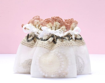 12pcs Beige Lace Drawstring Favor Bags, Jewelry Packaging