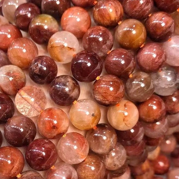 Genuine Natural Red Rutilated Quartz Smooth Round Beads 6mm 8mm 10mm Copper Rutilated Quartz ,15 inches one strands