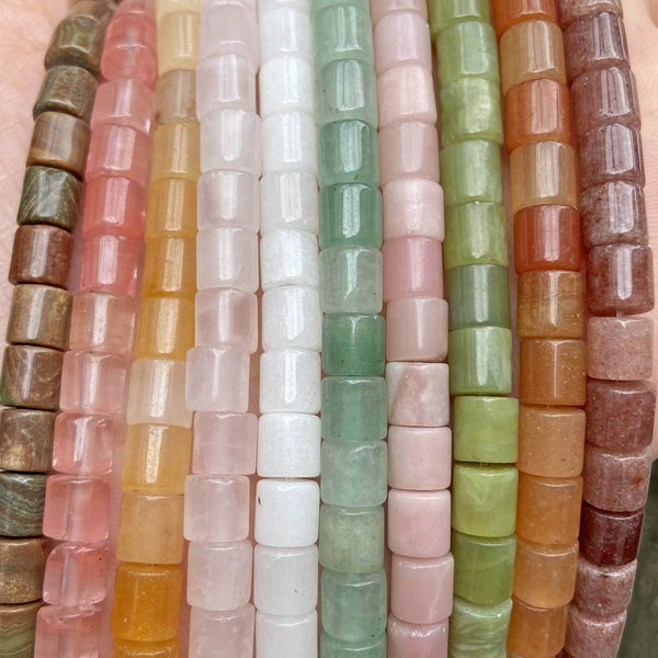 6 * 6mm Perles de pierre précieuse en pierre précieuse en agate de cristal naturel, perles de tube de quartz de roche, jaspe à taches bleues, perles de cylindre d’aventurine, 15 pouces