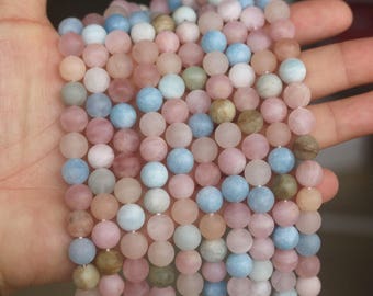 Natural Aquamarine Pink Morganite Frosted Round 4mm 6mm 8mm 10mm 12mm Beads ,15 Inches Per Strand