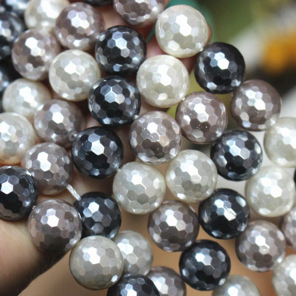 Perlas de concha del mar del sur 128 cuentas redondas facetadas-6 mm 8 mm 10 mm 12 mm cuentas facetadas de concha-15 pulgadas 1 hebra