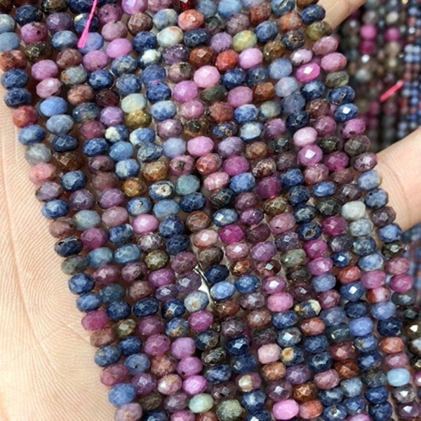 Real Genuine Sapphire and Ruby-Multi-Color Gemstone Faceted Rondelle Beads 4*6mm,Natural Ruby Sapphire Faceted Spacer Beads,15 Inch