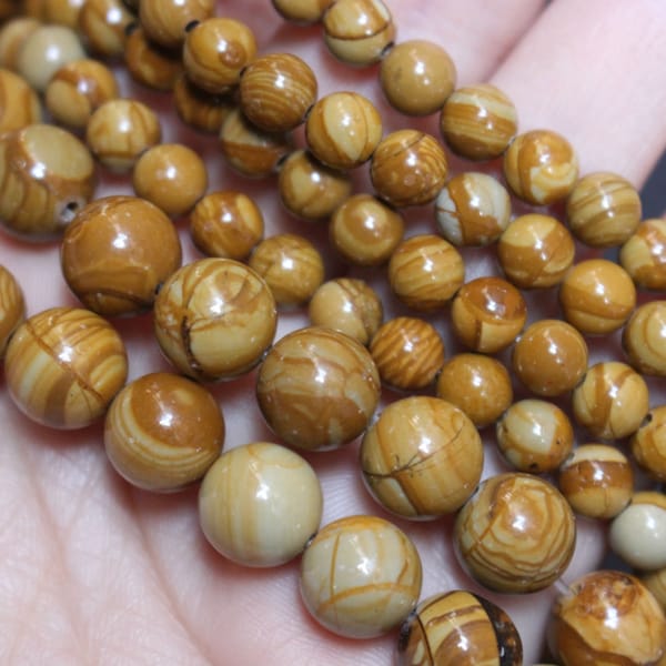 Natural Yellow Wooden Jasper Gemstone Round Beads 4mm 6mm 8mm 10mm 12mm Beads ,Yellow Wood grain beads-15'' Full Strand