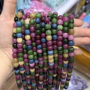 Cuentas sueltas de calcedonia en forma de tambor, 9 x 10 mm, venta al por mayor de cuentas de calcedonia en forma de barril, color púrpura, verde, rojo y amarillo, venta al por mayor de cuentas de tambor, 15 pulgadas
