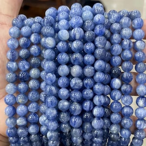 Cuentas redondas lisas de piedra cianita azul natural de 6 mm, 8 mm y 10 mm, 15 pulgadas por hebra