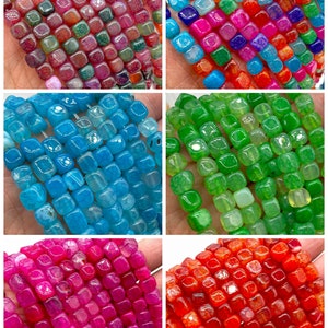 Dragon Fire Agate Cube Loose Beads 7-8mm Purple Blue Green Red White Brown Agate Square Gemstone Beads, 15 inches one strands