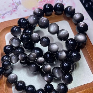 10-20 Natural Genuine Silver Obsidia Round Beaded bracelet,energy stone,unique gifts,handmade jewelry gifts