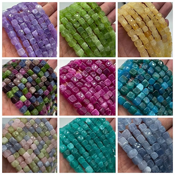 Pink tourmaline Aquamarine Strawberry Quartz Peridot Quartz Cube Loose Beads 7-8mm Square Beads, 15 inches one strands