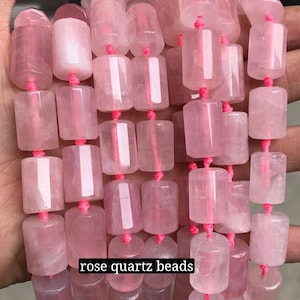 May include: A strand of pink rose quartz beads, each bead is a smooth, faceted cylinder, strung together with pink thread. The beads are arranged in rows, creating a visually appealing pattern.  "rose quartz beads" is written in white text at the bottom of the image.