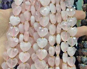 Natural Rose Pink Quartz Crystal Heart Shape Beads 14mm , 15 inches one strand