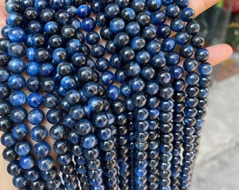 Perles rondes lisses de pierre gemme de cyanite naturelle véritable 5A 6 mm 8 mm 10 mm 12 mm, vraies perles de pierre bleue de cyanite, un rang