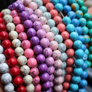 Round Howlite Smooth Round Beads, White Red Pink Blue Green Black Turquoise Beads 6mm 8mm 10mm 12mm,15 inches one strand
