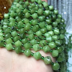 Real Natural Canada Green Jade Faceted Cone Loose Beads,Faceted Canadian Green Jade Gemstone Beads 8mm,15 inches