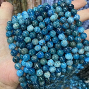 Natural Genuine Blue Apatite Smooth Round Blue Apatite Beads 4mm 6mm 8mm 10mm 12mm,Real Stone Beads,15 Inches Full Strand