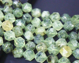 Natural Star Cut  Prehnite Faceted Nugget Gemstone Beads 6mm 8mm 10mm 12mm , 15 inches full strand