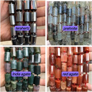 May include: Four strands of gemstone beads, each with a different color and texture. The beads are faceted and have a cylindrical shape. The strands are labeled "terahertz", "prehnite", "India agate", and "red agate".