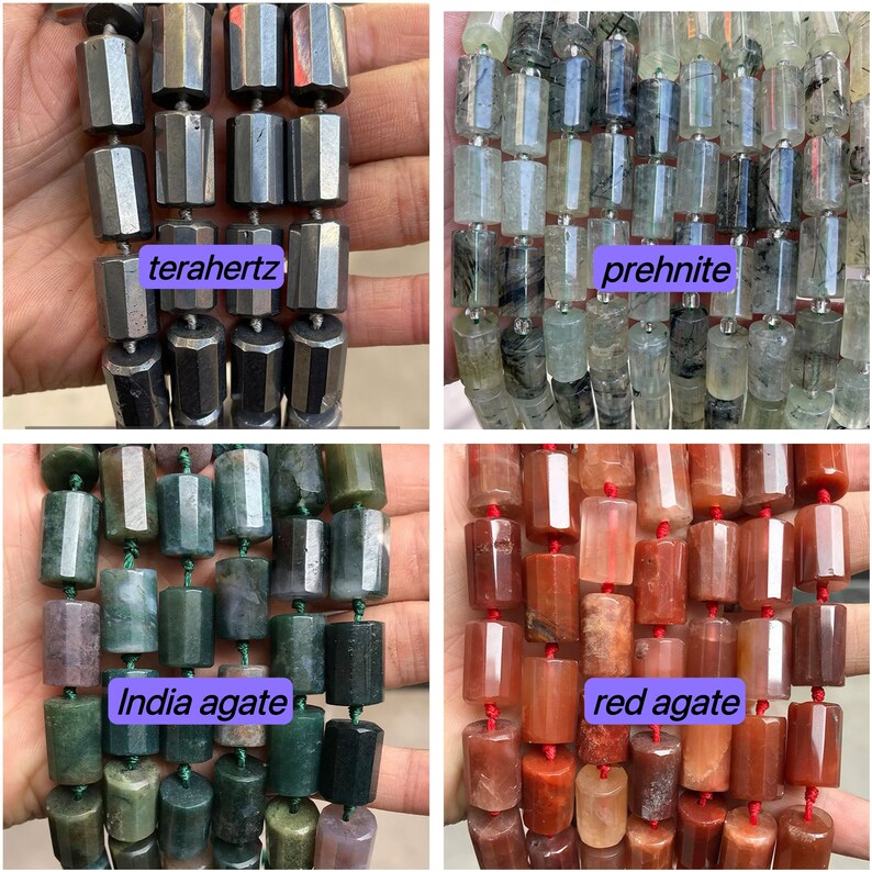 May include: Four strands of gemstone beads, each with a different color and texture. The beads are faceted and have a cylindrical shape. The strands are labeled "terahertz", "prehnite", "India agate", and "red agate".