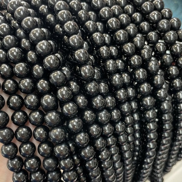 Véritable pierre de jet noire naturelle perles rondes lisses 6mm 8mm 10mm 12mm, perles lâches en pierre noire de jais, 15 pouces par brin