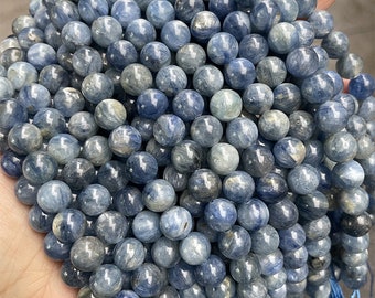 Perles de pierres précieuses bleues cyanite naturelles, rondes lisses, 6-10 mm, un rang