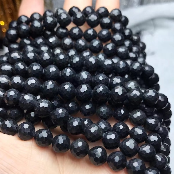Genuine Natural black shungite  128 faceted round loose beads 6mm 8mm 15 inches one strand