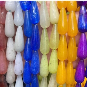 11 x 28 mm Wielokolorowe luźne koraliki chalcedonowe w kształcie łezki, koraliki w kształcie kropli wody, 15 cali, czerwony, zielony, żółty, niebieski, fioletowy