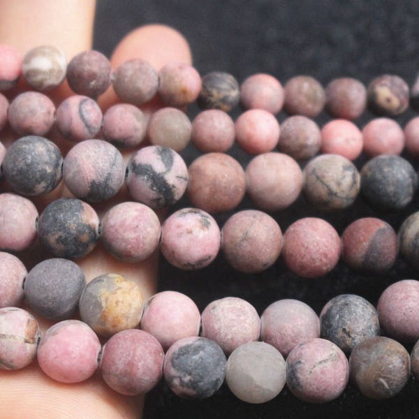 Natural Black Veined Rhodonite Frosted Round Beads 4mm 6mm 8mm 10mm 12mm, 15 Inch, Full Strand