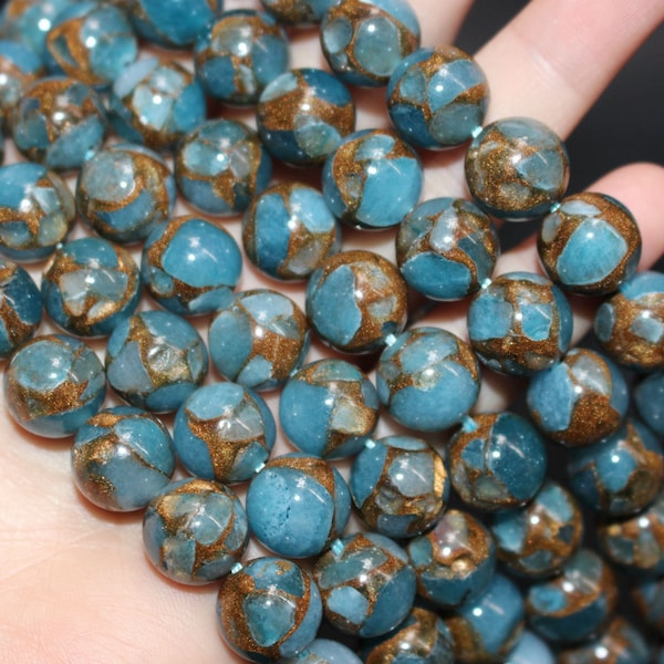 Natural Blue Mosaic quartz Smooth Round Stone Beads 6mm 8mm 10mm 12mm, Aka Copper Turquoise Jasper Loose Beads,12 inches ,one strands