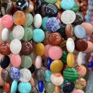 Natural Crystal agate flat round coin gemstone beads 10mm , Red blue green yellow stone disc beads,15 inch/24 materials