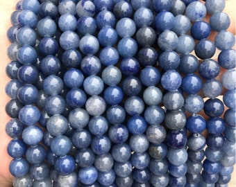 Cuentas de aventurina azul, redondas y lisas, tira de 38 cm