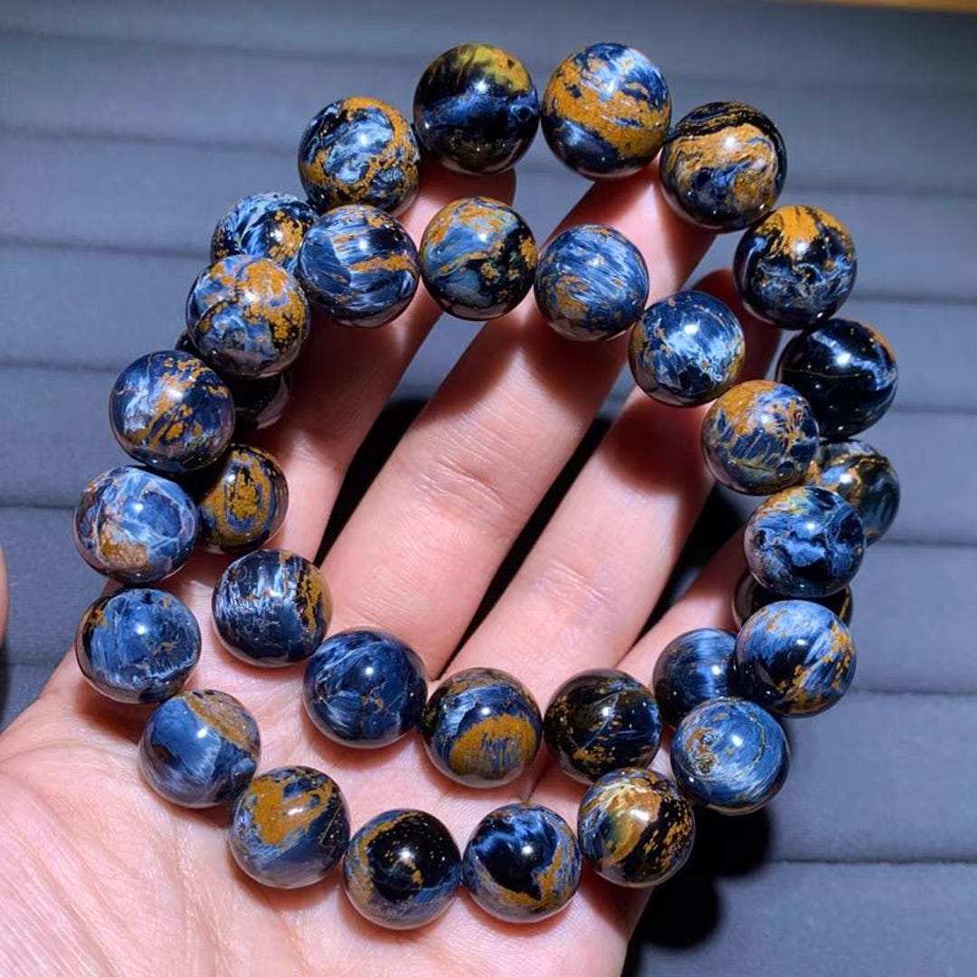 Genuine Natural Blue Brown Pietersite Smooth Round Beaded Bracelet