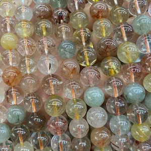 Cuentas de cuarzo rutilado multicolor natural de 6 mm, 8 mm, 10 mm y 12 mm, cuentas de piedras preciosas redondas y lisas. Cuentas de cuarzo Fulu Shou, 15 pulgadas por hebra