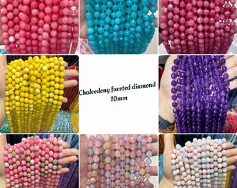 10mm Multicolor chalcedony faceted diamond loose beads,chalcedony faceted barrel beads,15 inches,red green yellow blue purple color