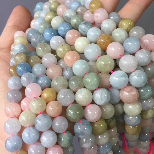 Natural Genuine Aquamarine Pink Morganite Smooth Round Beads , Green Beryl 4mm,6mm 8mm 10mm 12mm 14mm Beads ,Natural,15 Inches Per Strand